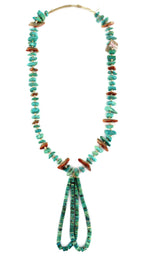 Navajo - Turquoise Nugget, Spiny Oyster, and Clamshell Heishi Necklace with Pair of Jocla Pendants c. 1940-50s, 26" length