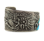 Preston Monongye (1927-1987) - Hopi - Multi-Stone Inlay and Silver Tufacast Bracelet with Ogre Kachina Design c. 1960-70s, size 6.5