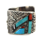 Preston Monongye (1927-1987) - Hopi - Multi-Stone Inlay and Silver Tufacast Bracelet with Ogre Kachina Design c. 1960-70s, size 6.5