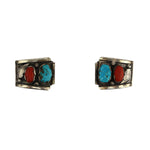 Navajo - Turquoise, Coral, and Silver Watch Band Tabs with Leaf Design c. 1960s, 1" x 1.25"
