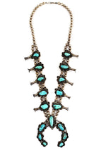 Navajo - Turquoise and Silver Squash Blossom Necklace c. 1960-70s, 27" length