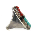Loyolita Tsottie - Zuni - Carved Turquoise and Coral and Silver Ring with Leaf Design c. 1960s, size 12
