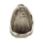 Loyolita Tsottie - Zuni - Carved Turquoise and Coral and Silver Ring with Leaf Design c. 1960s, size 12