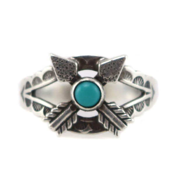 Navajo - Turquoise and Sterling Silver Ring with Arrows and Stamped De