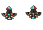 Zuni - Multi-Stone Channel Inlay and Silver Knifewing God Earrings c. 1940s, 0.875" x 1"