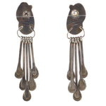 Russell Toledo - Navajo - Phosphosiderite and Sterling Silver Dangle Post Earrings with Feather Design c. 1960s, 3.125" x 0.625"