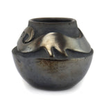Rose Gonzales (1900-1989) - San Ildefonso Black Gunmetal Jar with Carved Avanyu Design c. 1940s, 4" x 4.75"