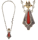 Roy Talahaftewa (b. 1955) - Hopi - Coral, 14K Gold, and Sterling Silver Overlay Sunface Kachina Pendant with Handmade Chain c. 1980s, 24" length