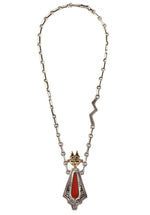 Roy Talahaftewa (b. 1955) - Hopi - Coral, 14K Gold, and Sterling Silver Overlay Sunface Kachina Pendant with Handmade Chain c. 1980s, 24" length