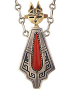 Roy Talahaftewa (b. 1955) - Hopi - Coral, 14K Gold, and Sterling Silver Overlay Sunface Kachina Pendant with Handmade Chain c. 1980s, 24" length