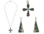 Group of 2: Navajo - Turquoise Inlay and Silver Overlay Cross Pendant and Turquoise Chip Inlay and Silver Post Earrings