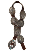Navajo - Turquoise, Silver, and Leather Concho Belt with Stamped Design c. 1950s, 26" - 30.5" size waist