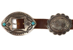 Navajo - Turquoise, Silver, and Leather Concho Belt with Stamped Design c. 1950s, 26" - 30.5" size waist