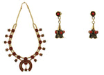 Zuni - Coral Petit Point, 12K Gold Fill, and Sterling Silver Squash Blossom Necklace and Post Earrings Set c. 1960-70s