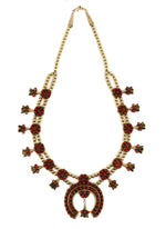 Zuni - Coral Petit Point, 12K Gold Fill, and Sterling Silver Squash Blossom Necklace and Post Earrings Set c. 1960-70s