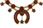 Zuni - Coral Petit Point, 12K Gold Fill, and Sterling Silver Squash Blossom Necklace and Post Earrings Set c. 1960-70s