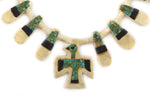 Santo Domingo (Kewa) - Depression Era Turquoise Mosaic Inlay, Vinyl, and Bone Thunderbird Necklace c. 1920-30s, 23" length