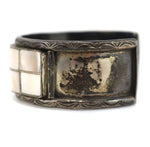 Zuni - Mother of Pearl Channel Inlay and Silver Bracelet with Stamped Design c. 1940s, size 7.25