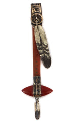 Origin Unknown - Catlinite, Silver, and Brass Miniature Skull Cracker with Feather Dangles c. 1960-70s, 5.5" x 1.5" x 0.375"