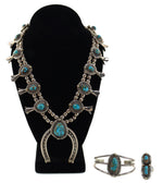 Nancy Edsitty – Navajo – Turquoise and Silver Squash Blossom Necklace with Unsigned Turquoise and Silver Bracelet and Ring Set c. 1960-70s