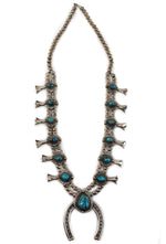 Nancy Edsitty – Navajo – Turquoise and Silver Squash Blossom Necklace with Unsigned Turquoise and Silver Bracelet and Ring Set c. 1960-70s