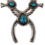 Nancy Edsitty – Navajo – Turquoise and Silver Squash Blossom Necklace with Unsigned Turquoise and Silver Bracelet and Ring Set c. 1960-70s