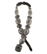 Attributed to Charlie Bitsui (1916-deceased) - Navajo - Turquoise, Silver, and Leather Concho Belt with Stamped Design c. 1940s, 29" - 31" size waist