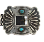 Attributed to Charlie Bitsui (1916-deceased) - Navajo - Turquoise, Silver, and Leather Concho Belt with Stamped Design c. 1940s, 29" - 31" size waist