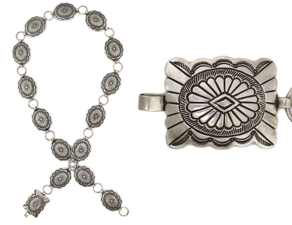 Navajo - Silver Link Concho Belt with Stamped Design c. 1950  display picture 1