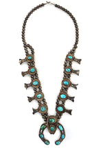 Navajo Turquoise and Silver Squash Blossom Necklace c. 1960-70s, 26" length