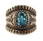 Navajo - Turquoise and Silver Ring with Stamped Design c. 1960s, size 10.75