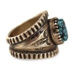 Navajo - Turquoise and Silver Ring with Stamped Design c. 1960s, size 10.75