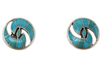 Zuni - Turquoise Channel Inlay and Silver Hummingbird Design Clip-On Earrings c. 1950s, 0.875" diameter