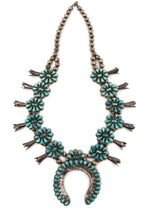 Zuni - Turquoise Petit Point and Silver Squash Blossom Necklace c. 1940-50s, 25" length