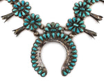 Zuni - Turquoise Petit Point and Silver Squash Blossom Necklace c. 1940-50s, 25" length