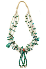Navajo - 4-Strand Turquoise Nugget and Clamshell Heishi Beaded Tab Necklace with Pair of Jocla Pendants c. 1950s, 29" length