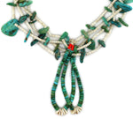Navajo - 4-Strand Turquoise Nugget and Clamshell Heishi Beaded Tab Necklace with Pair of Jocla Pendants c. 1950s, 29" length