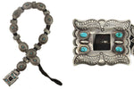 Navajo - Turquoise, Silver, and Leather Concho Belt with Stamped Design c. 1950-60s, 29" size waist