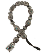 Navajo - Turquoise, Silver, and Leather Concho Belt with Stamped Design c. 1950-60s, 29" size waist