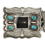 Navajo - Turquoise, Silver, and Leather Concho Belt with Stamped Design c. 1950-60s, 29" size waist