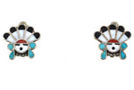 Zuni - Multi-Stone Channel Inlay and Silver Sunface Kachina Clip-on Earrings c. 1950s, 0.875" x 0.875"