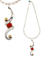 Sam Patania - Coral, 14K Gold, and Sterling Silver "Calligraphy" Pendant with Handmade Chain c. 2018, 24" length