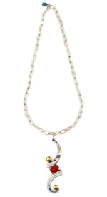 Sam Patania - Coral, 14K Gold, and Sterling Silver "Calligraphy" Pendant with Handmade Chain c. 2018, 24" length