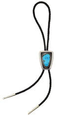 Patania Limited Edition Collection - Sleeping Beauty Turquoise, Sterling Silver Overlay, and Leather Bolo Tie, 3" x 2" bolo