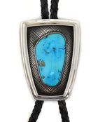 Patania Limited Edition Collection - Sleeping Beauty Turquoise, Sterling Silver Overlay, and Leather Bolo Tie, 3" x 2" bolo