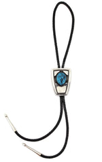 Patania Limited Edition Collection - Kingman Turquoise, Sterling Silver Overlay, and Leather Bolo, 3" x 2" bolo