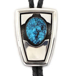 Patania Limited Edition Collection - Kingman Turquoise, Sterling Silver Overlay, and Leather Bolo, 3" x 2" bolo