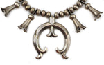 Attributed to Eva Ellie Chai - Zuni - Silver Squash Blossom Necklace with 1960s Sandcast Naja c. 1910-20s, 30" length