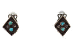 Zuni - Turquoise Petit Point and Silver Diamond Design Clip-On Earrings c. 1930-40s, 0.625" x 0.5"