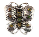 Navajo - Turquoise and Silver Butterfly Pin/Pendant with Stamped Design c. 1930-40s, 2.25" x 2.125"